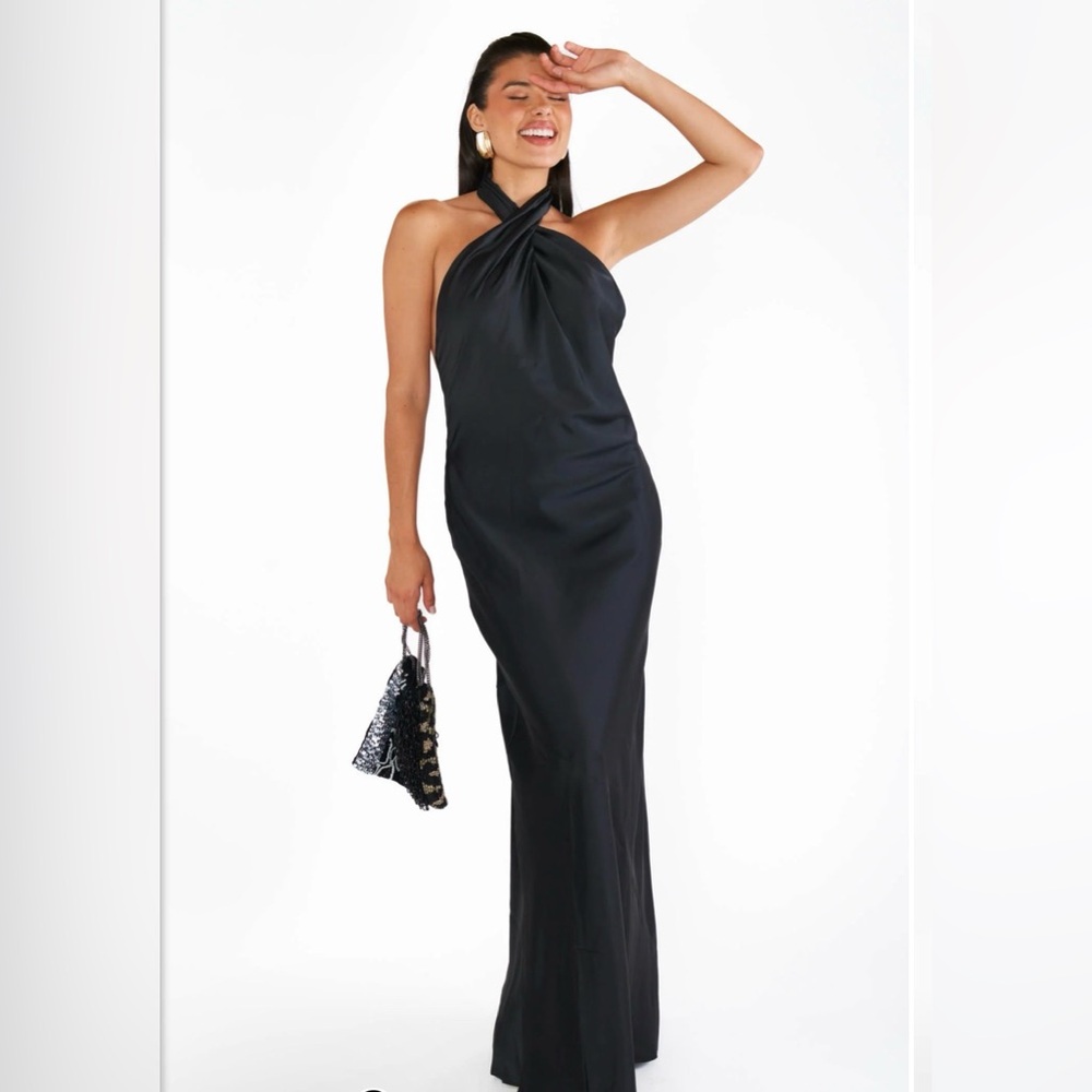Jasmine Halter Maxi Dress ~ Black Luxe Satin